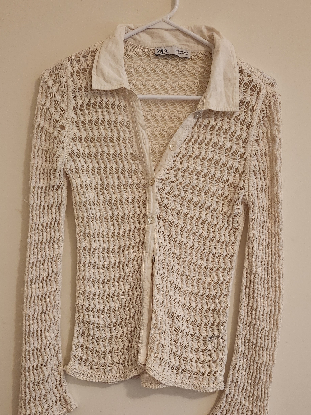 Zara Cream Open-Weave Button Cardigan